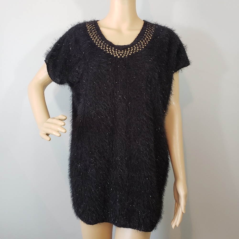 Le Queen Embellished Neck Fuzzy Oversized Sweater